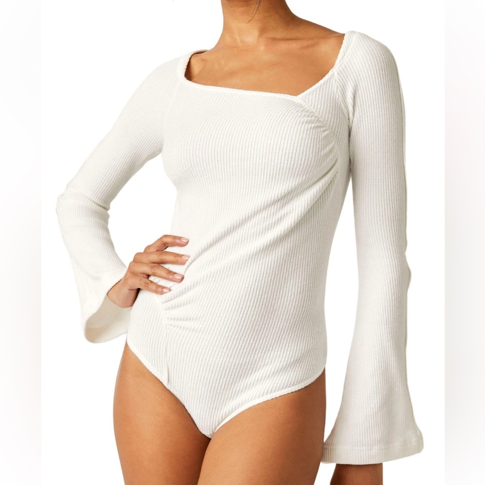 Free People White Ribbed Long Sleeve Bodysuit